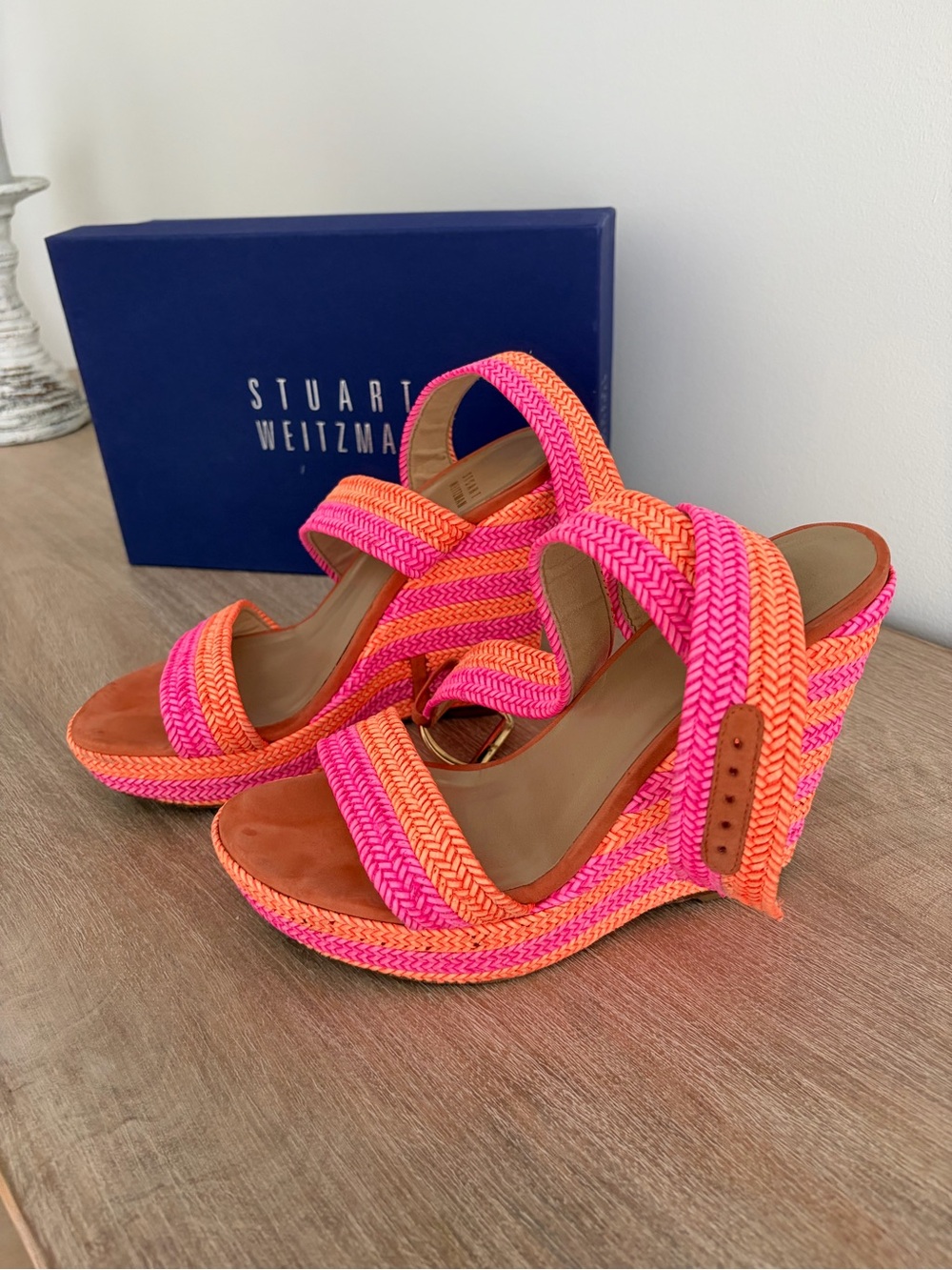 Stuart Weitzman Neon Pink & Orange Braided Wedge Sandals